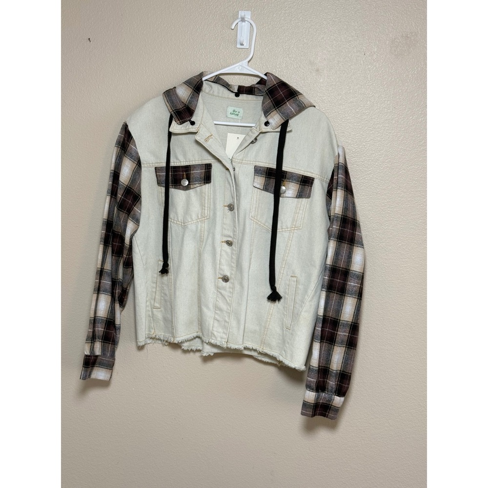 Blue Buttercup Mixed Media Denim Plaid Jacket Cream Brown Hooded J70262 Medium